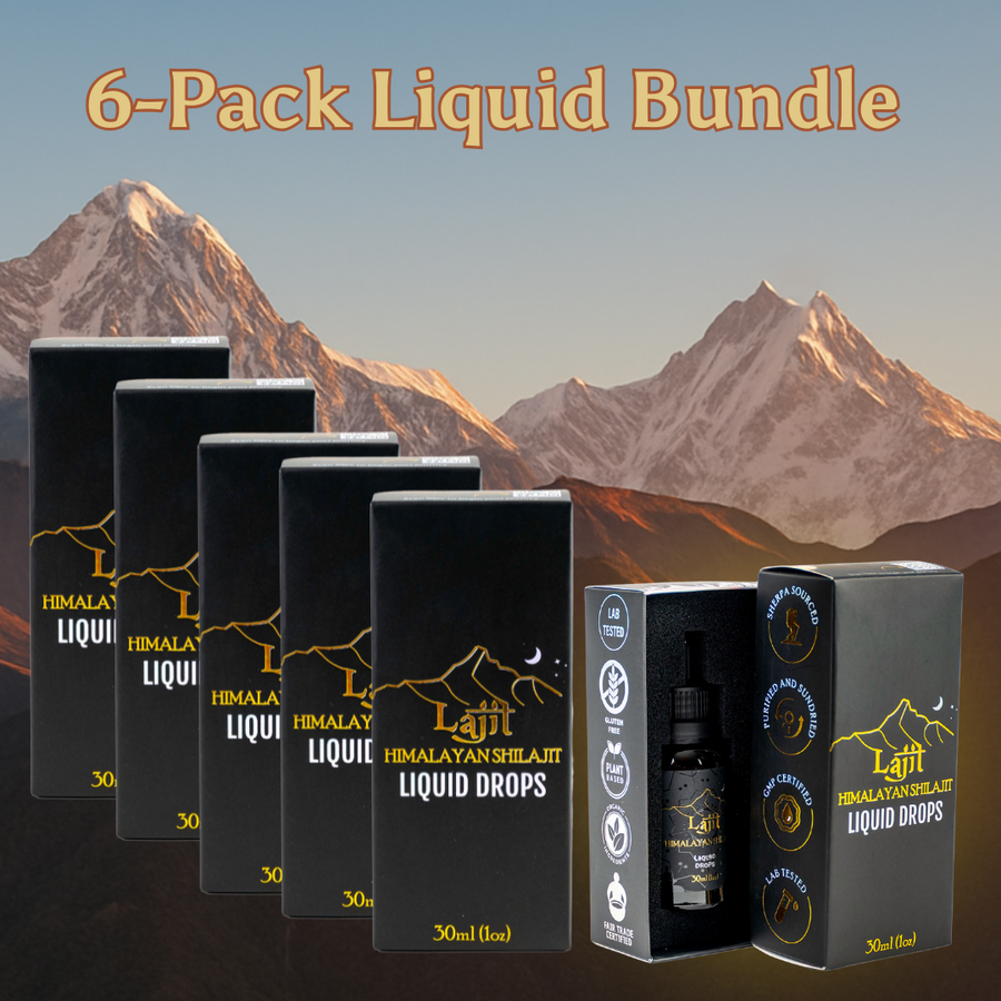 Six-pack of Lajit Gold Himalayan Shilajit liquid drops