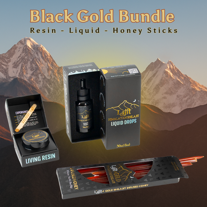 Black Gold Bundle with resin, liquid, and honey sticks against a mountainous background