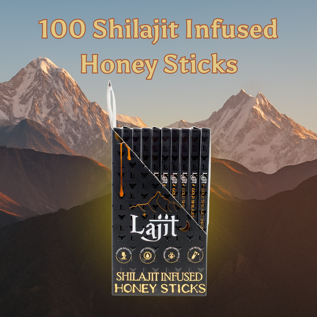 Pack of Shilajit Infused Honey Sticks with mountainous background