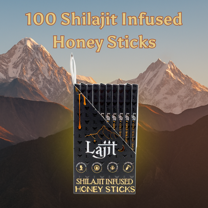 Pack of Shilajit Infused Honey Sticks with mountainous background